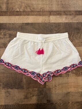White Embroidered Women’s Beach Shorts with Pink Tassel